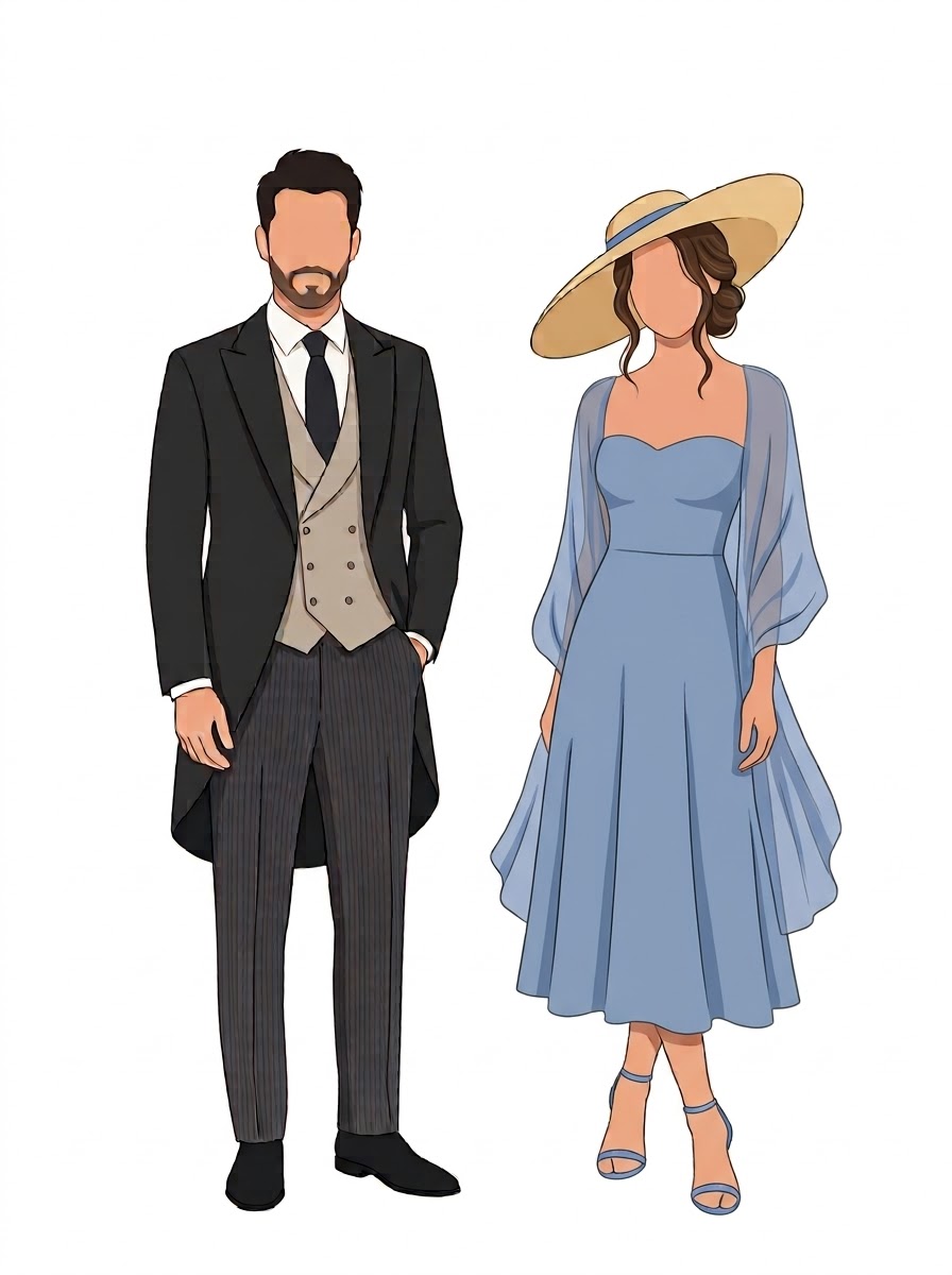 Ilustración de una pareja con atuendo formal de boda de día